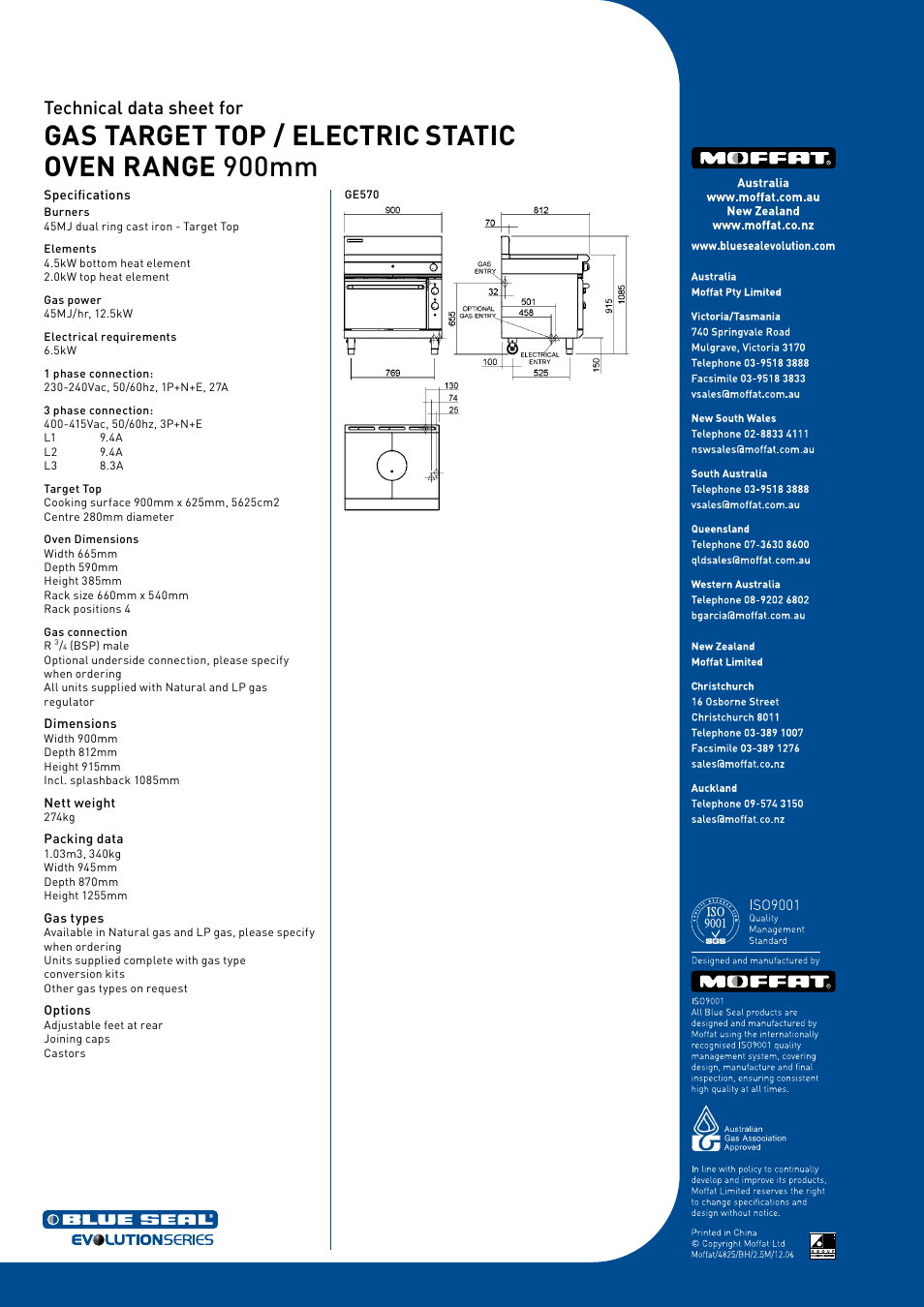 Gas target top / electric static oven range 900mm, Technical data sheet for | Moffat GE570 User Manual | Page 2 / 2