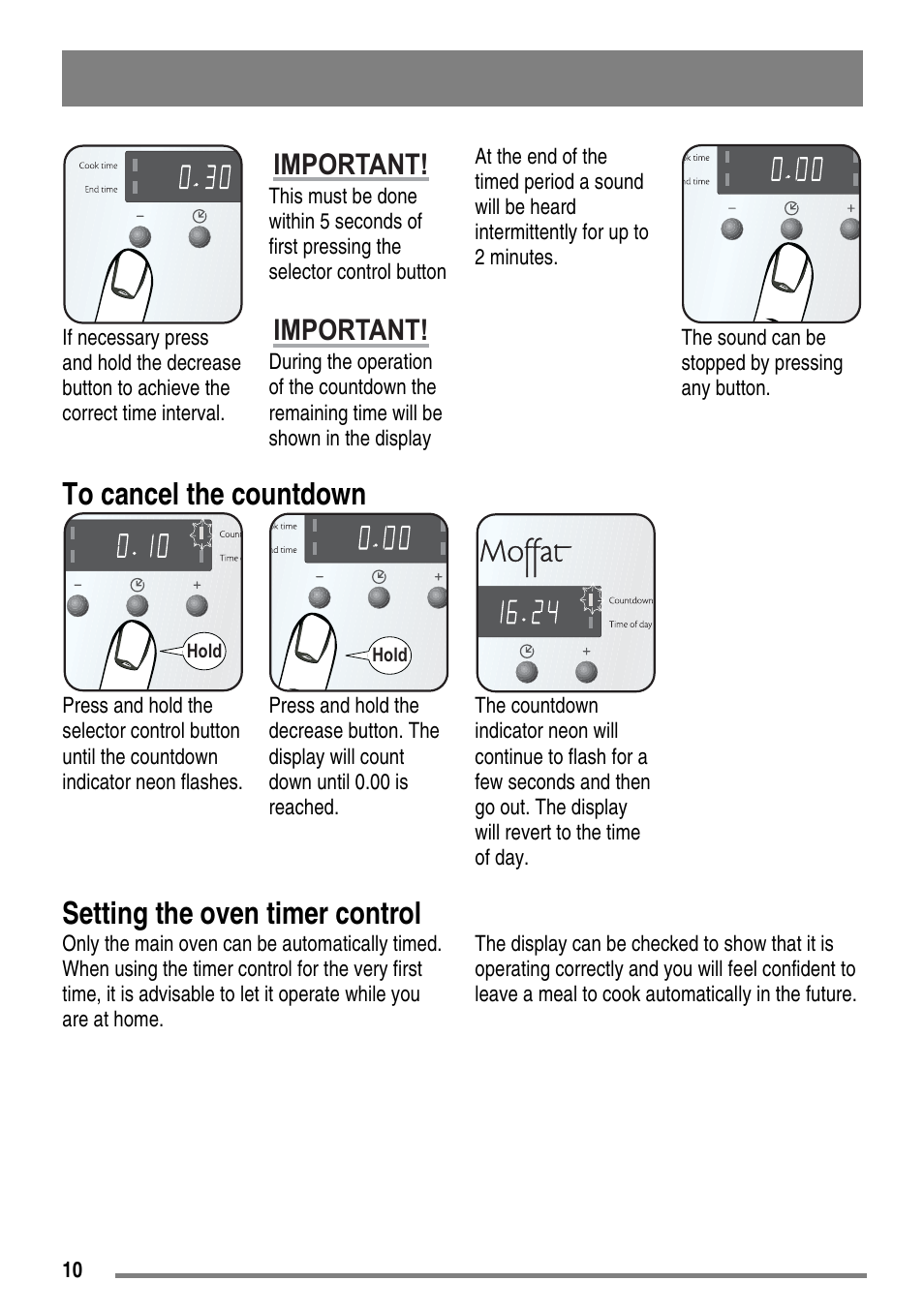 Setting the oven timer control, Important | Moffat MDB900 User Manual | Page 10 / 44