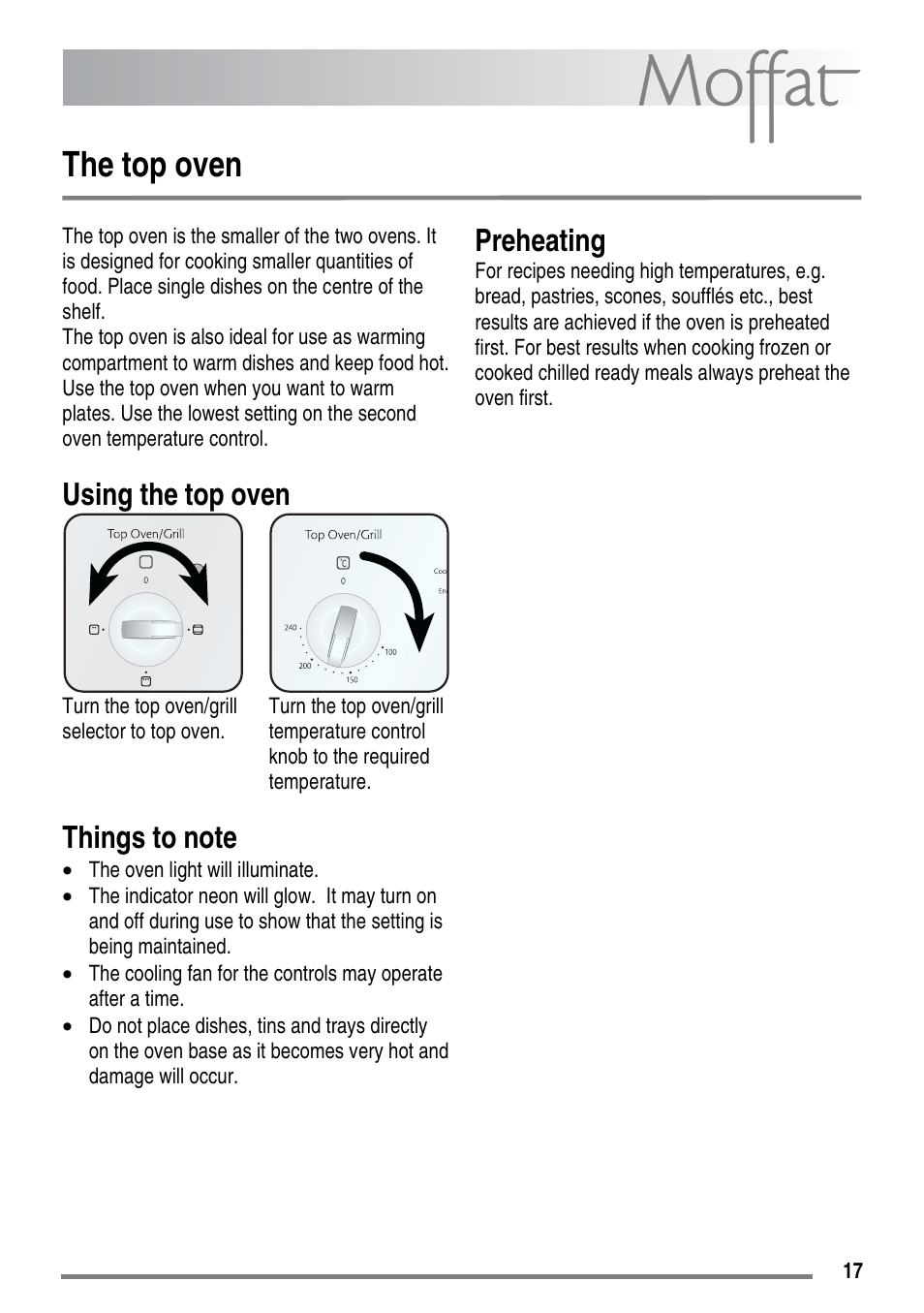The top oven, Preheating, Using the top oven | Moffat MDB900 User Manual | Page 17 / 44
