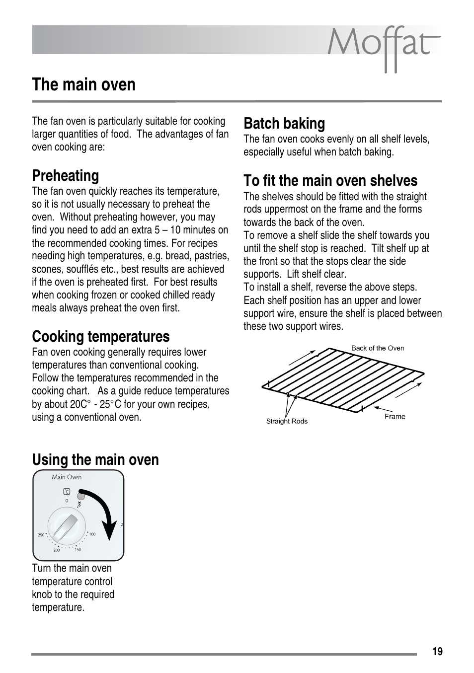 The main oven, Preheating, Cooking temperatures | Batch baking, Using the main oven | Moffat MDB900 User Manual | Page 19 / 44