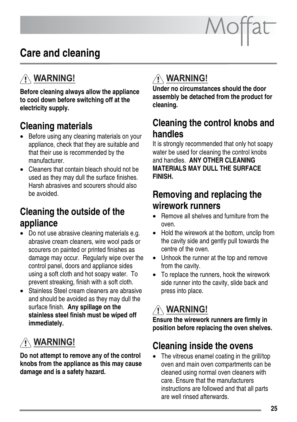 Care and cleaning, Cleaning materials, Cleaning the outside of the appliance | Cleaning the control knobs and handles, Removing and replacing the wirework runners, Cleaning inside the ovens, Warning | Moffat MDB900 User Manual | Page 25 / 44