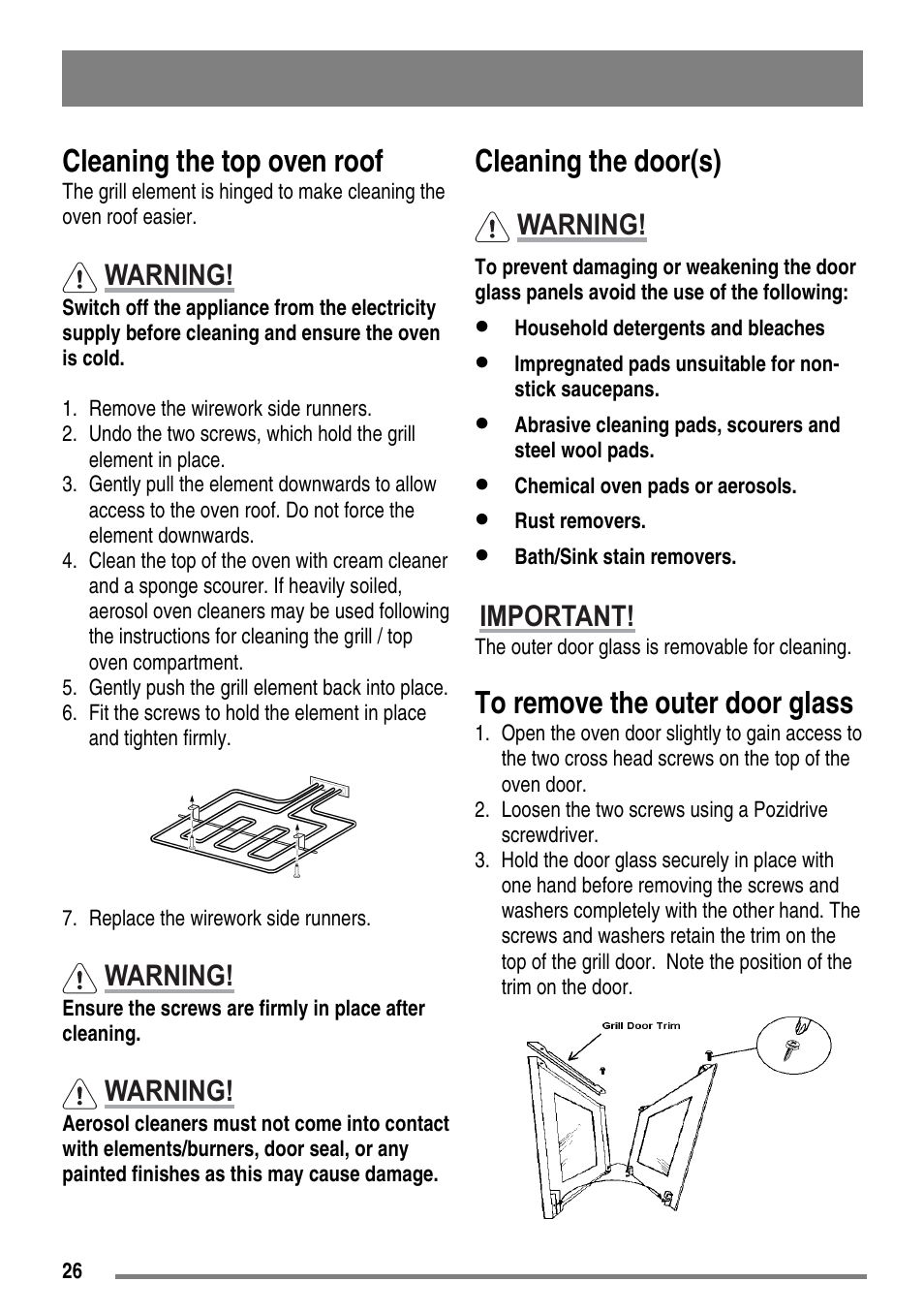 Cleaning the top oven roof, Cleaning the door(s), Warning | Important | Moffat MDB900 User Manual | Page 26 / 44