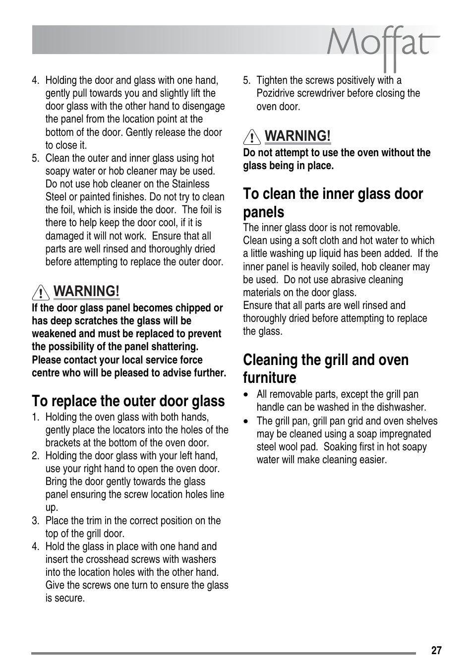 Cleaning the grill and oven furniture, Warning | Moffat MDB900 User Manual | Page 27 / 44