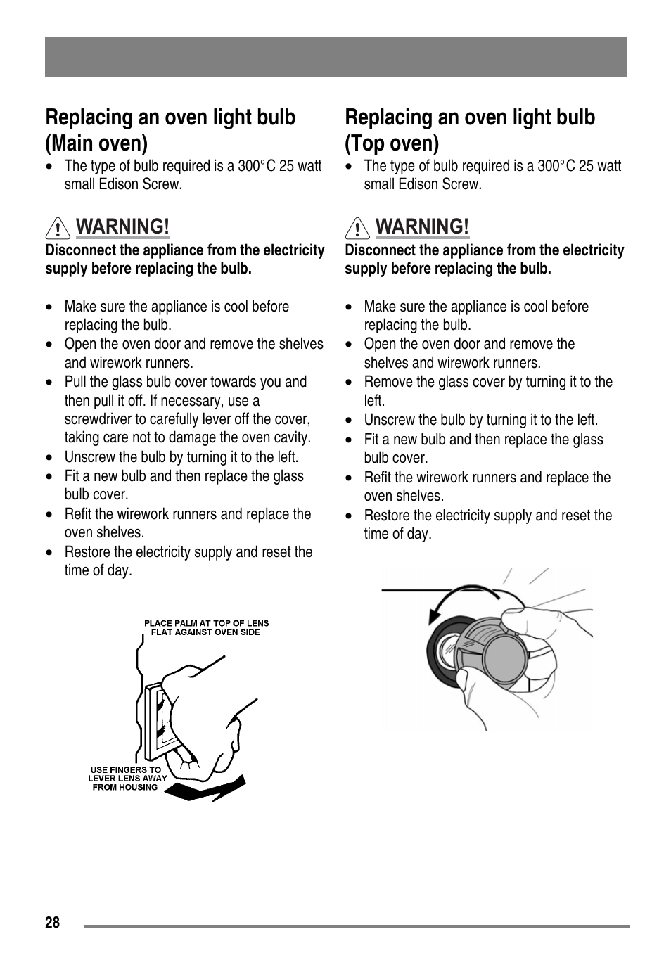 Replacing an oven light bulb (main oven), Replacing an oven light bulb (top oven), Warning | Moffat MDB900 User Manual | Page 28 / 44