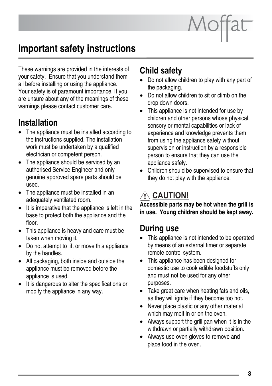 Important safety instructions, Installation, Child safety | During use, Caution | Moffat MDB900 User Manual | Page 3 / 44