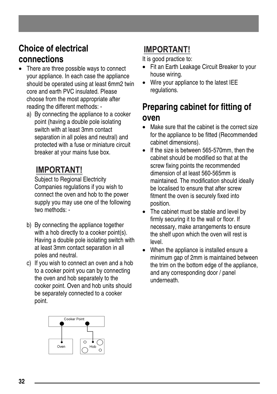 Choice of electrical connections, Preparing cabinet for fitting of oven, Important | Moffat MDB900 User Manual | Page 32 / 44