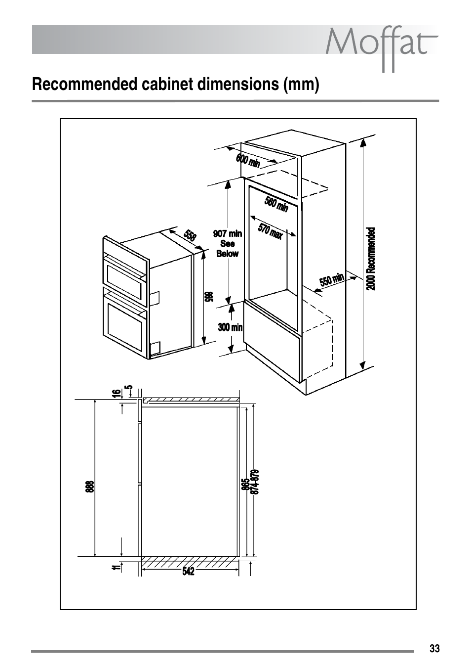 Recommended cabinet dimensions (mm) | Moffat MDB900 User Manual | Page 33 / 44