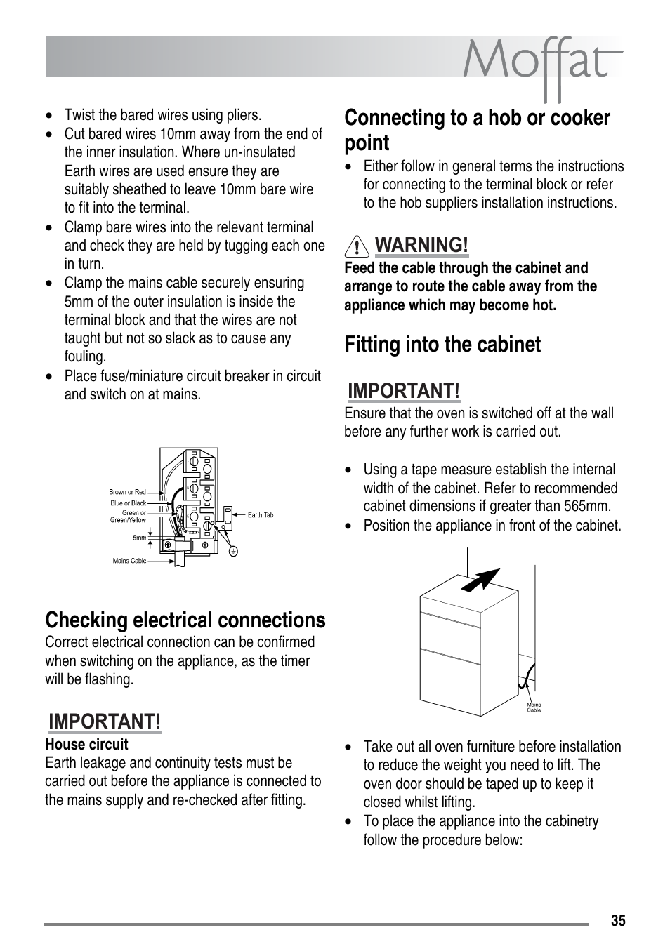 Checking electrical connections, Connecting to a hob or cooker point, Fitting into the cabinet | Important, Warning | Moffat MDB900 User Manual | Page 35 / 44