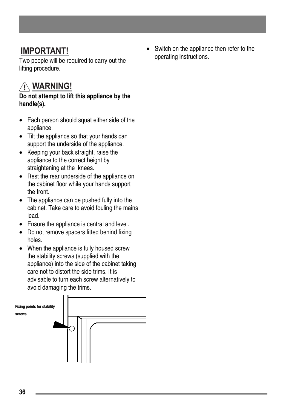 Important, Warning | Moffat MDB900 User Manual | Page 36 / 44