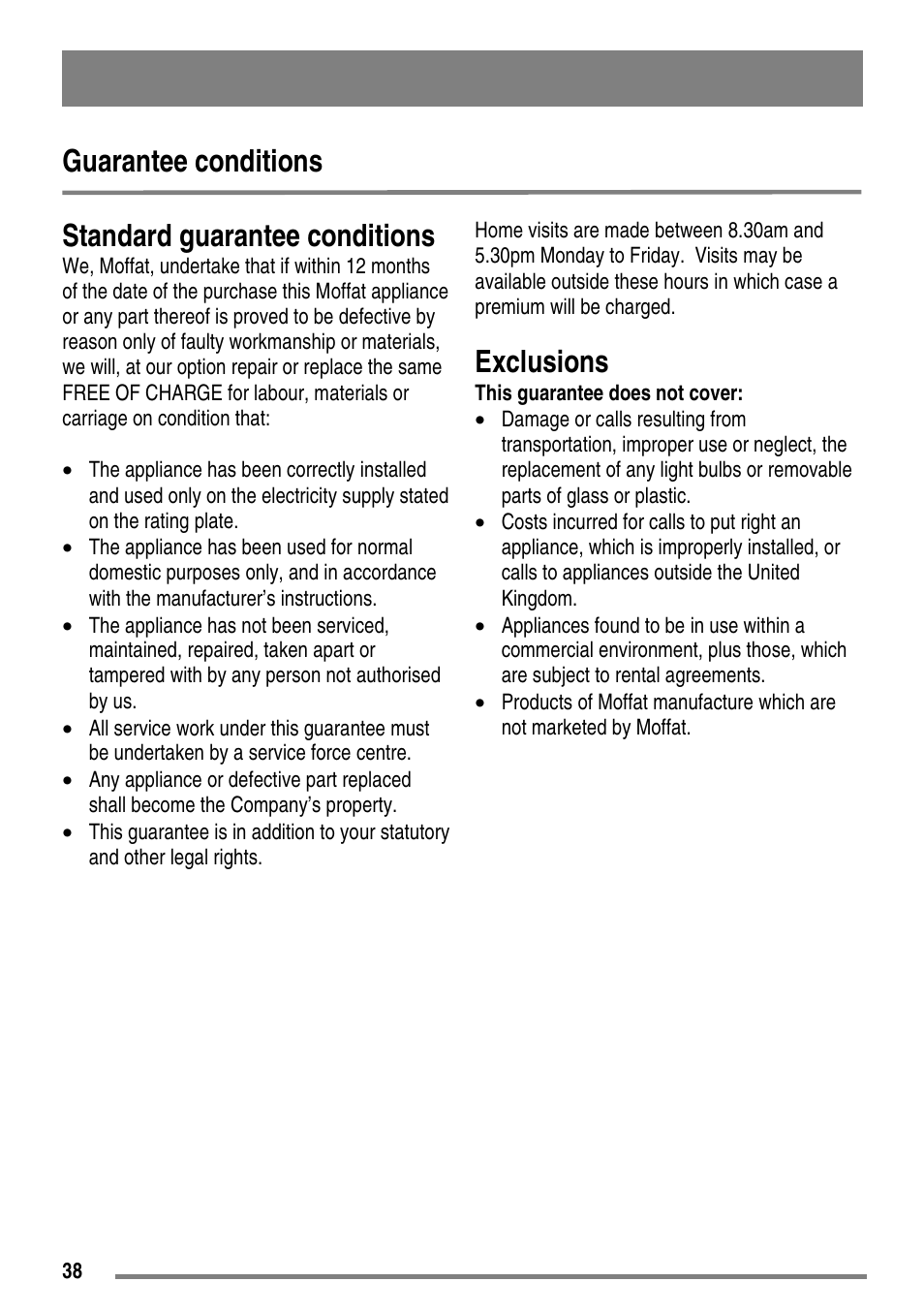 Guarantee conditions, Standard guarantee conditions, Exclusions | Moffat MDB900 User Manual | Page 38 / 44