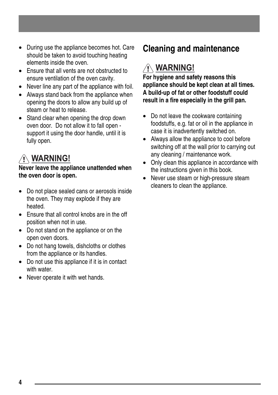 Cleaning and maintenance, Warning | Moffat MDB900 User Manual | Page 4 / 44