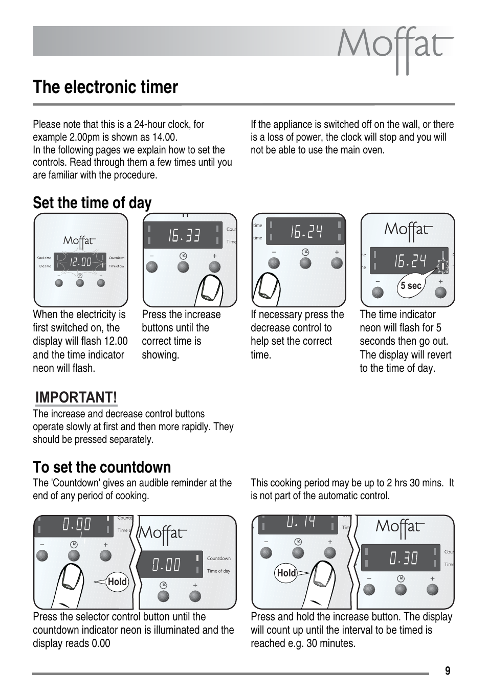 The electronic timer, Set the time of day, Important | Moffat MDB900 User Manual | Page 9 / 44