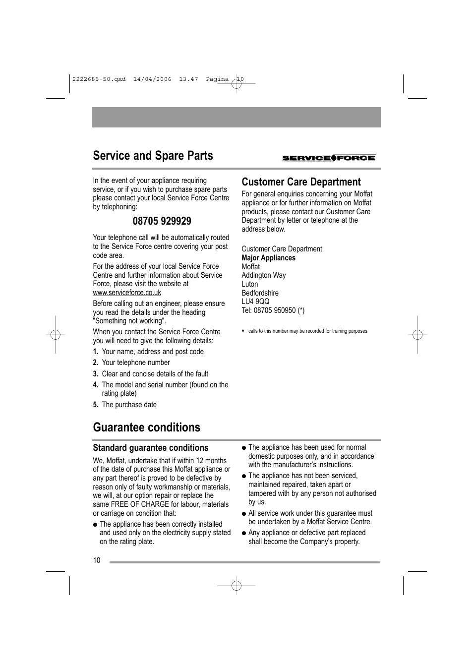 Guarantee conditions, Service and spare parts, Customer care department | Moffat MUL 514 User Manual | Page 10 / 20