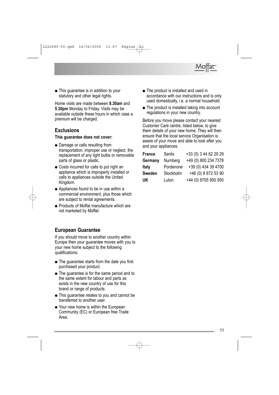 Exclusions, European guarantee | Moffat MUL 514 User Manual | Page 11 / 20