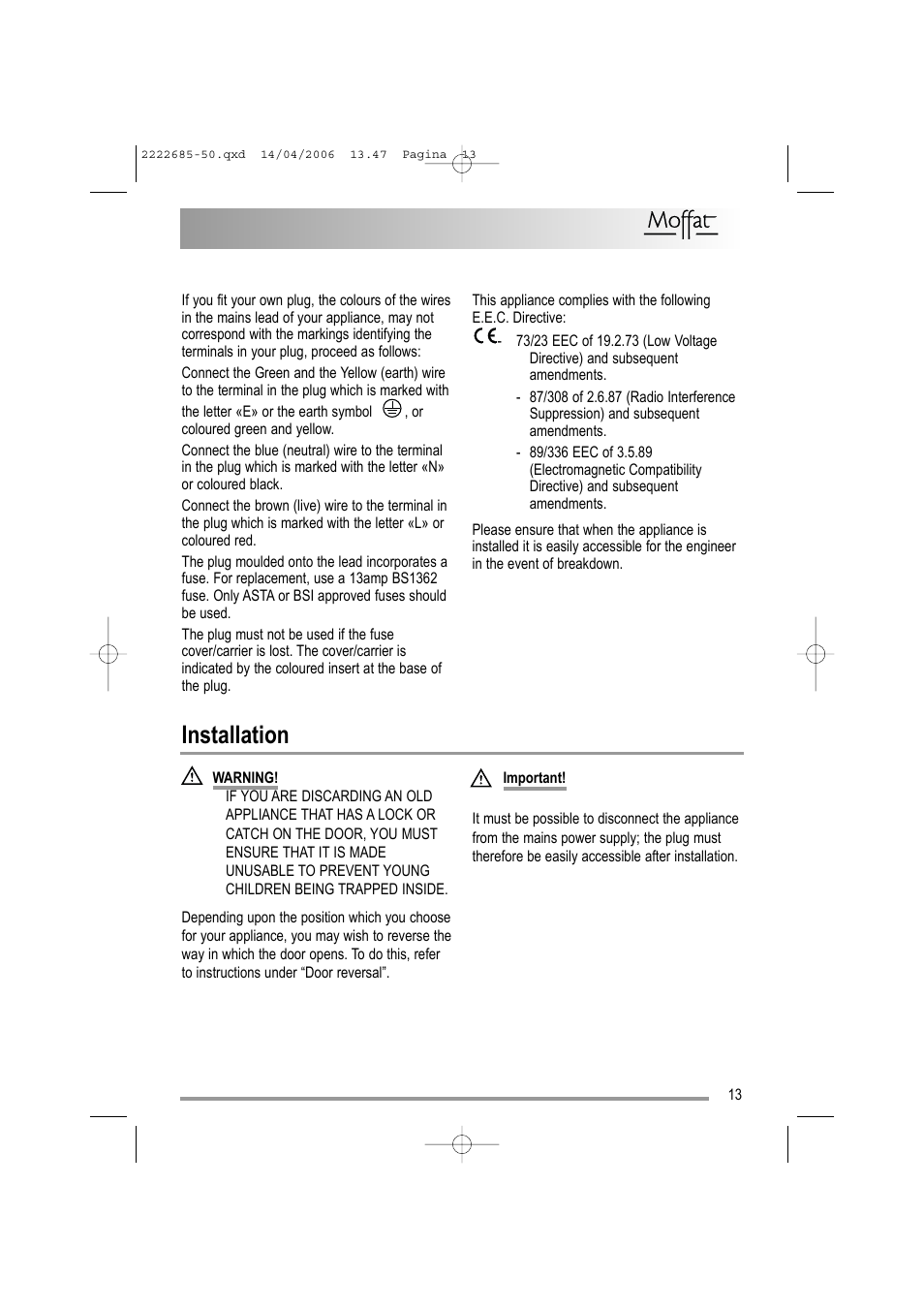 Installation | Moffat MUL 514 User Manual | Page 13 / 20