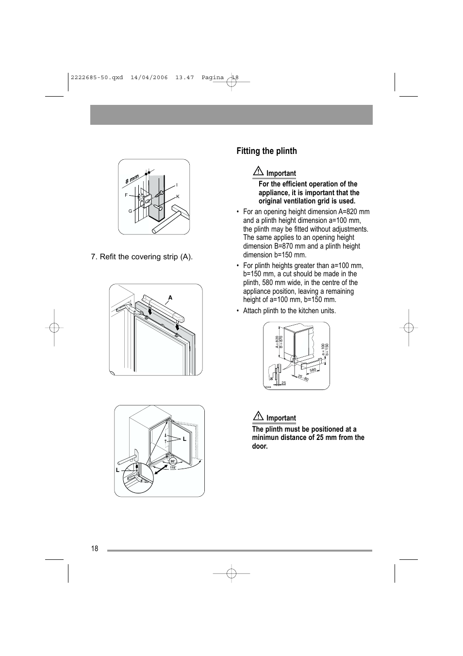 Fitting the plinth, Refit the covering strip (a) | Moffat MUL 514 User Manual | Page 18 / 20