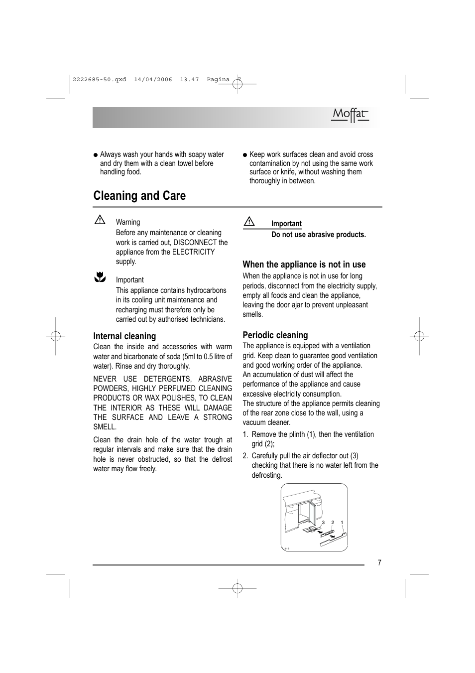 Cleaning and care, When the appliance is not in use, Internal cleaning | Periodic cleaning | Moffat MUL 514 User Manual | Page 7 / 20