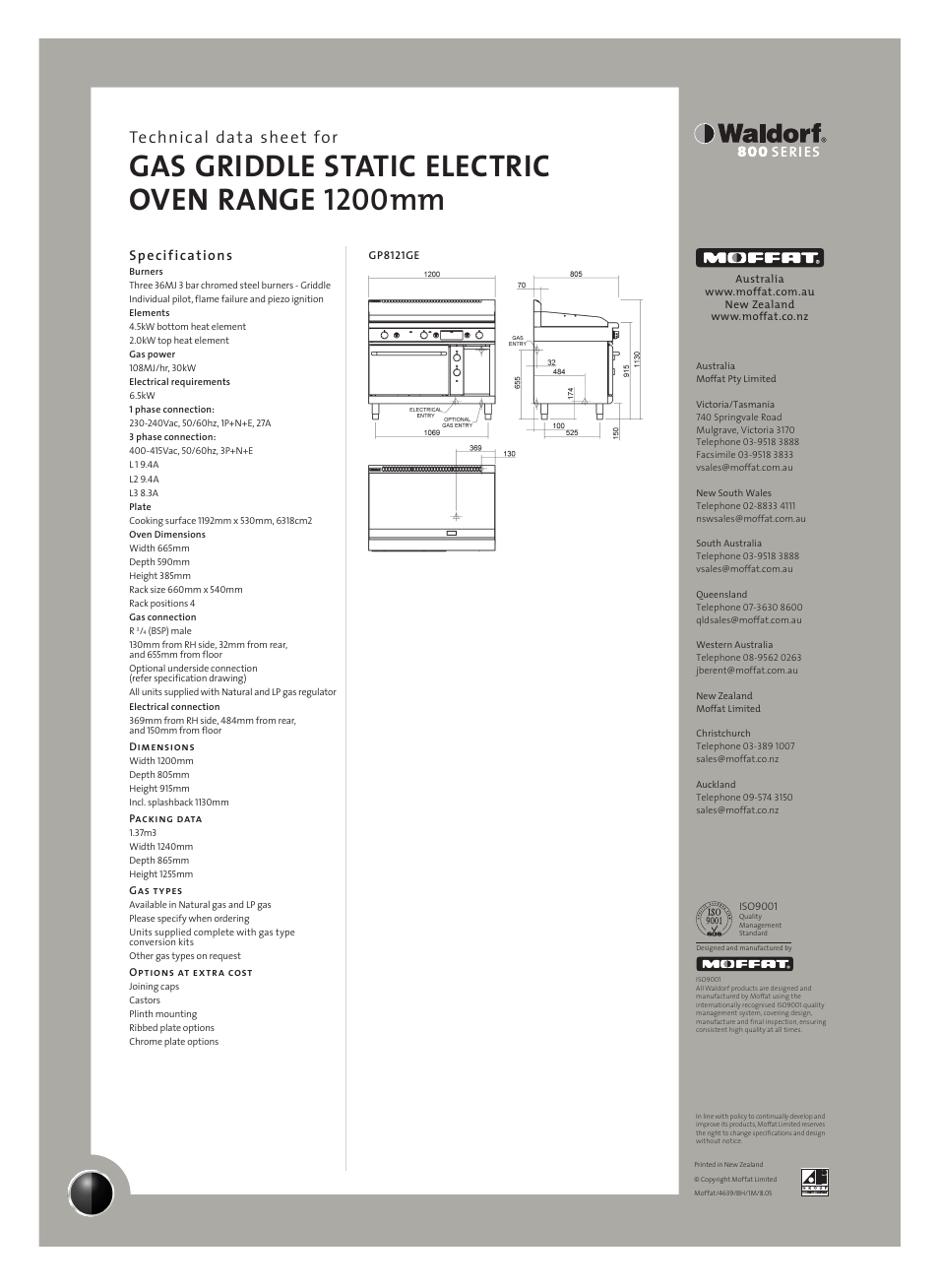 Gas griddle static electric oven range 1200mm, Technical data sheet for, Specifications | Moffat GP8121GE User Manual | Page 2 / 2
