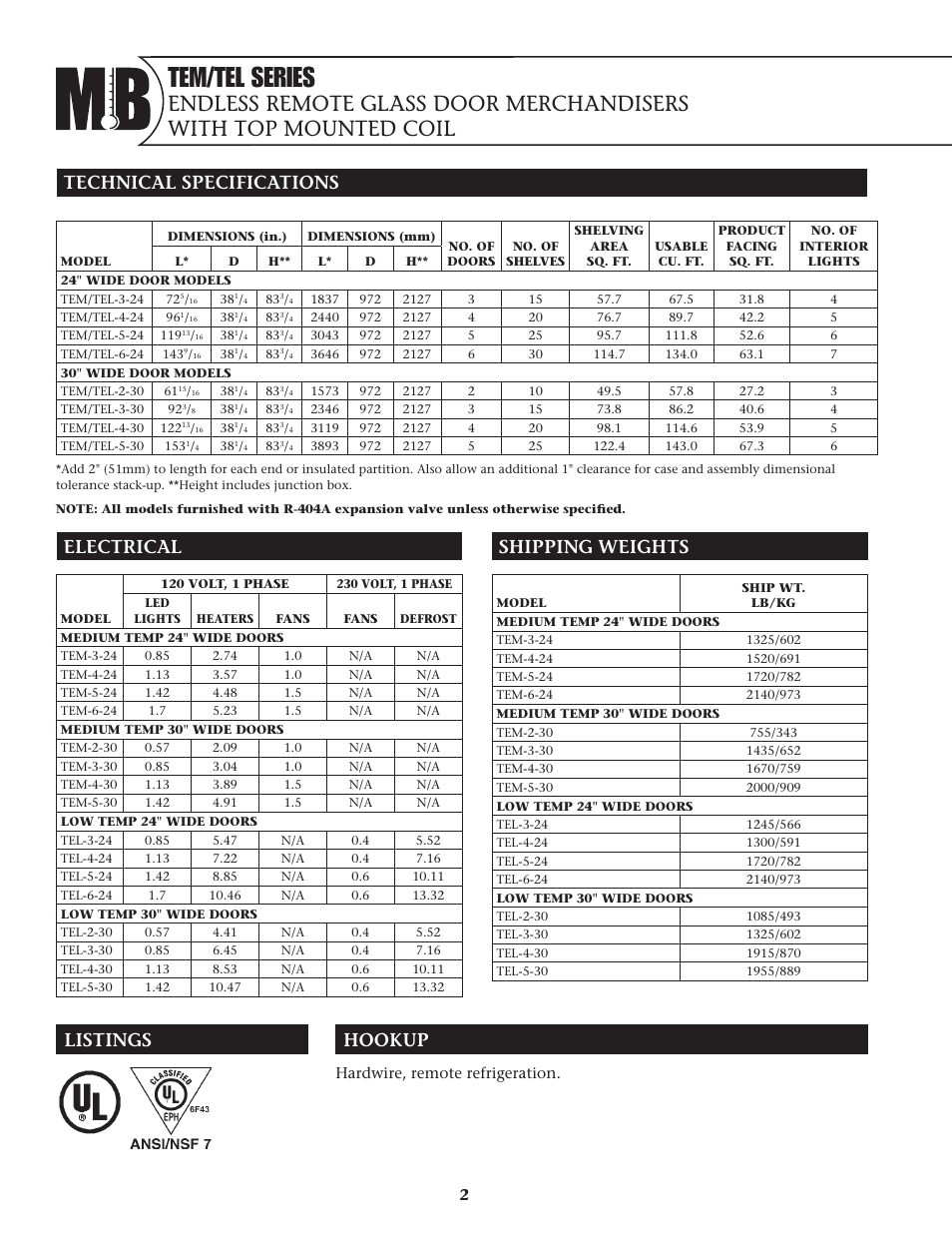 Tem/tel series, Technical specifications, Electrical shipping weights | Listings hookup, Hardwire, remote refrigeration | Master Bilt TEL-5-30 User Manual | Page 2 / 6