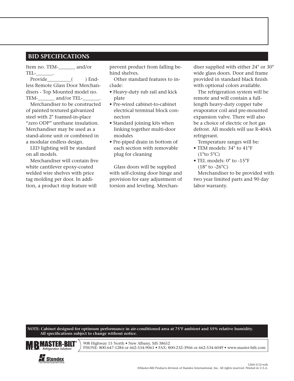 Bid specifications | Master Bilt TEL-5-30 User Manual | Page 6 / 6