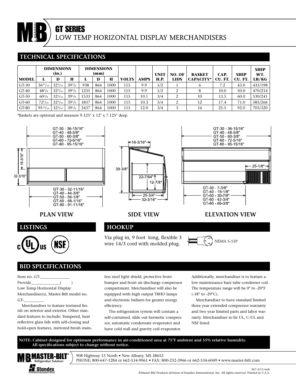 Gt series, Low temp horizontal display merchandisers, Plan view side view elevation view | Master Bilt GT-30 User Manual | Page 2 / 2