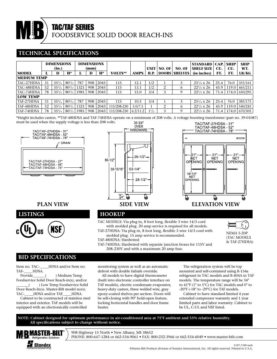 Tac/taf series, Foodservice solid door reach-ins, Plan view side view elevation view | Master Bilt TAF-27HDSA User Manual | Page 2 / 2