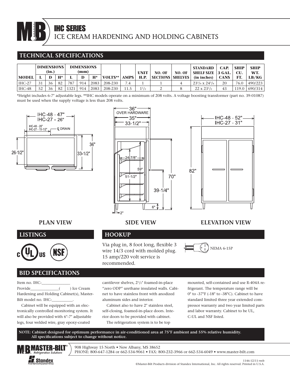 Ihc series, Ice cream hardening and holding cabinets, Plan view side view elevation view | Master Bilt IHC-48 User Manual | Page 2 / 2