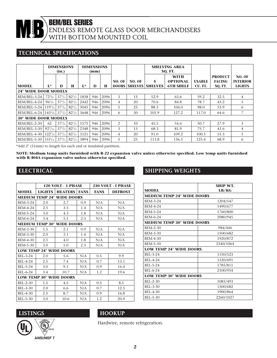 Bem/bel series, Technical specifications, Electrical shipping weights listings hookup | Hardwire, remote refrigeration | Master Bilt BEL-3-30 User Manual | Page 2 / 6