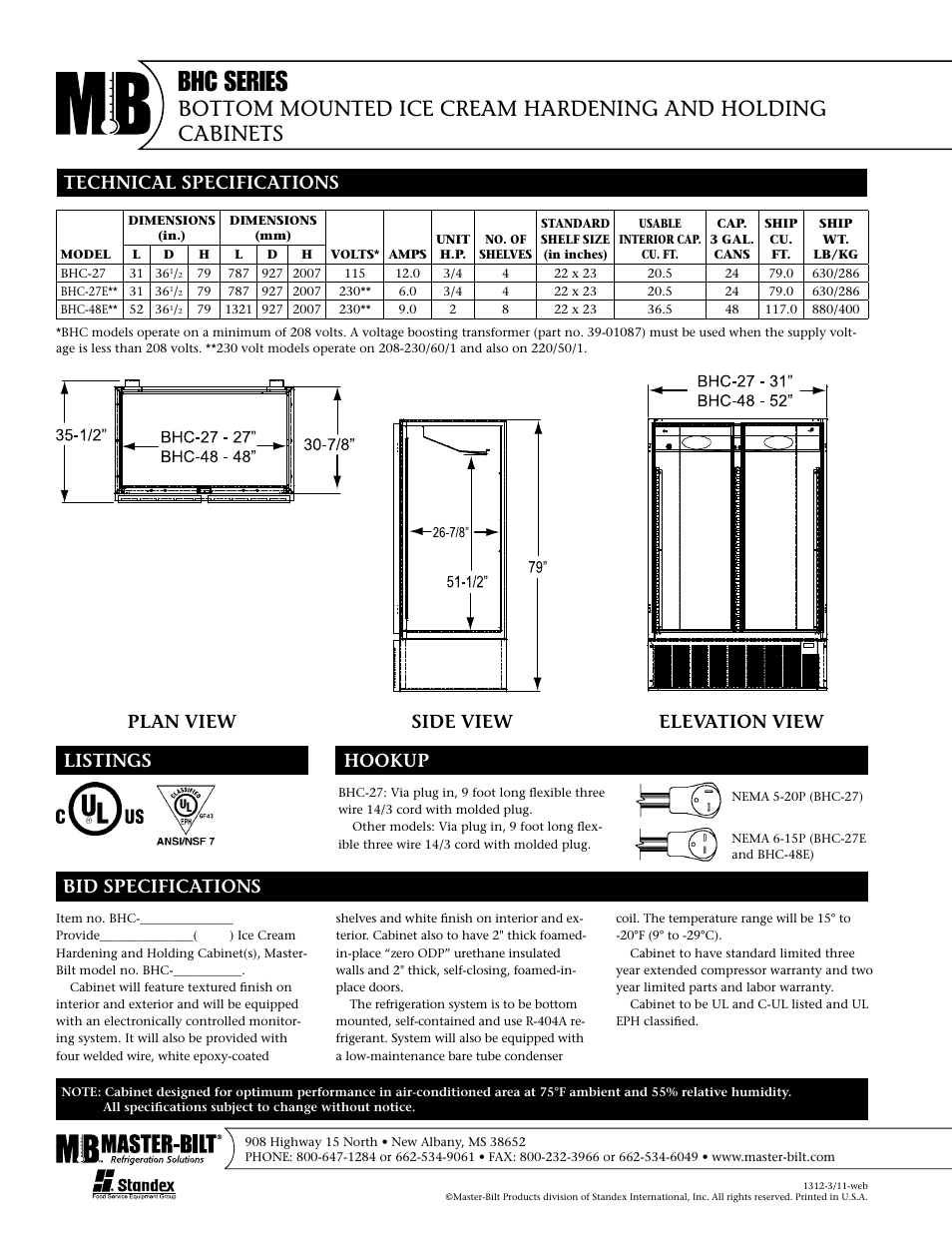 Bhc series, Plan view side view elevation view | Master Bilt BHC Series BHC-27E User Manual | Page 2 / 2