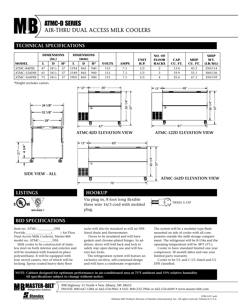 Atmc-d series, Air-thru dual access milk coolers | Master Bilt ATMC-84DSS User Manual | Page 2 / 2