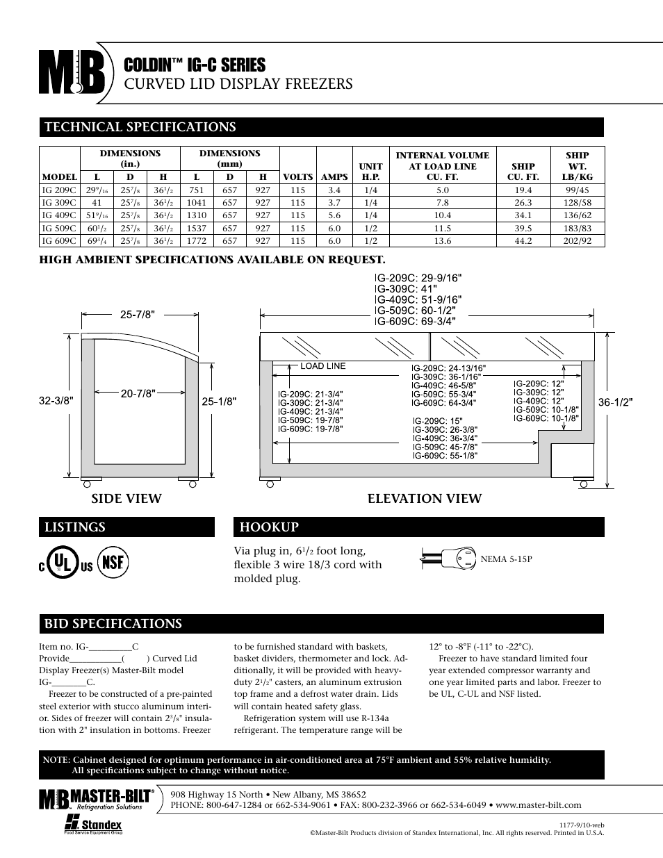 Coldin, Ig-c series, Curved lid display freezers | Technical specifications listings hookup, Bid specifications, Side view elevation view | Master Bilt IG 209C User Manual | Page 2 / 2
