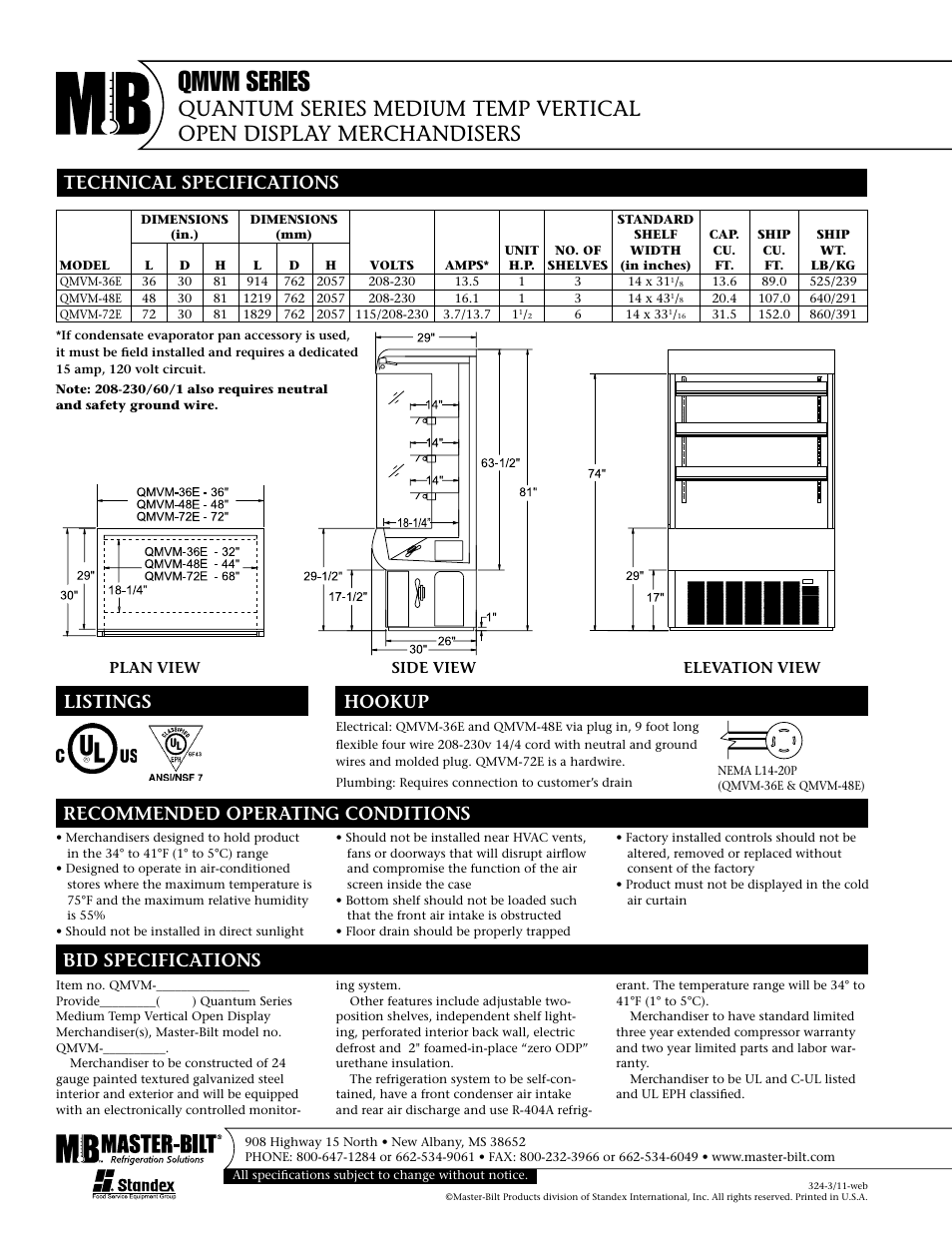 Qmvm series, Recommended operating conditions | Master Bilt QMVM-72 User Manual | Page 2 / 2