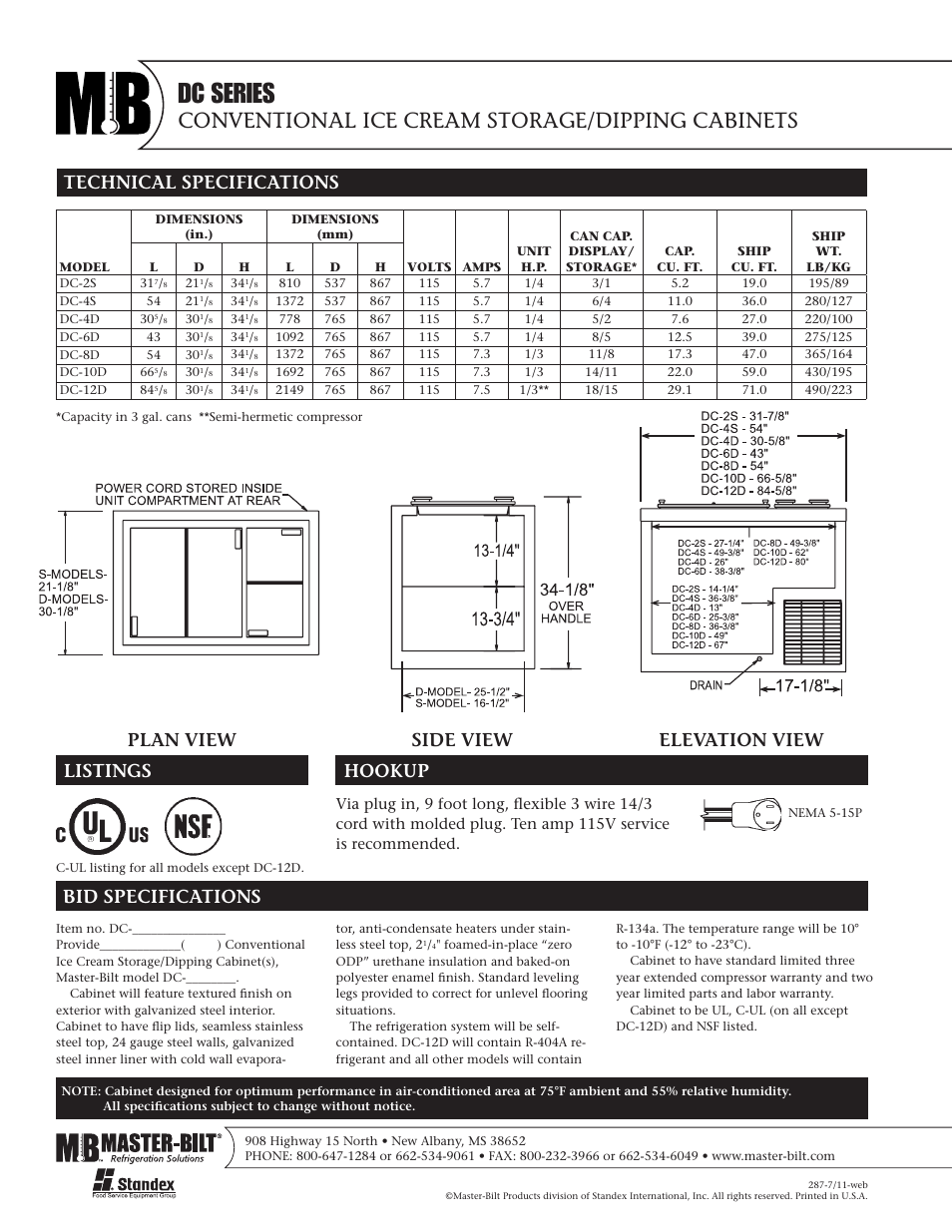 Dc series, Conventional ice cream storage/dipping cabinets, Plan view side view elevation view | Master Bilt DC-4S User Manual | Page 2 / 2