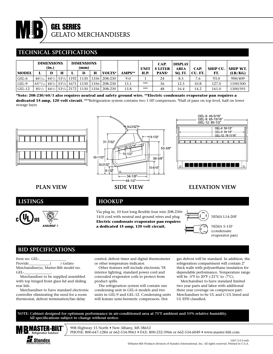 Gel series, Gelato merchandisers, Plan view side view elevation view | Master Bilt Gelato Merchandise GEL Series User Manual | Page 2 / 2