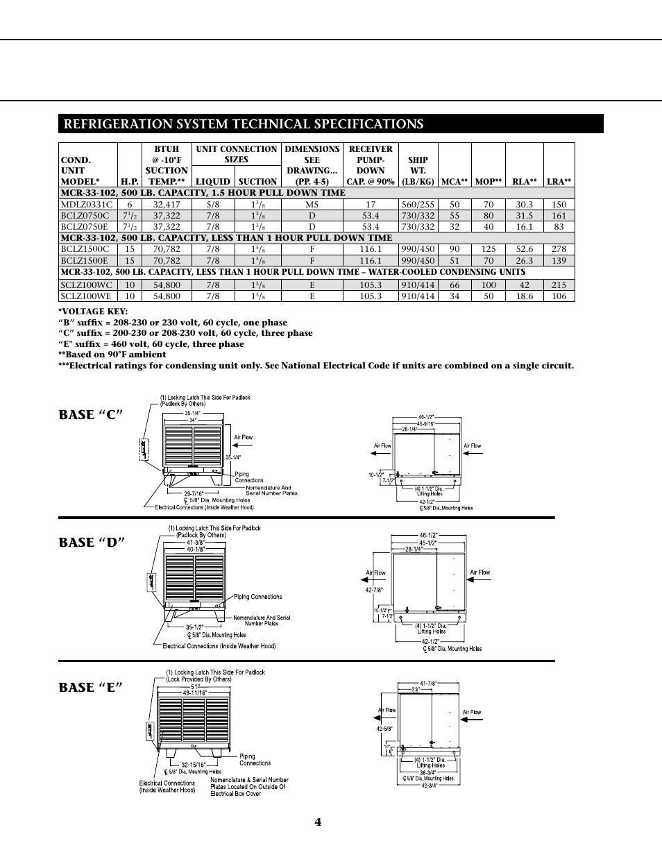 Base “c” base “d” base “e, Refrigeration system technical specifications | Master Bilt MCR-33-101PT User Manual | Page 4 / 6