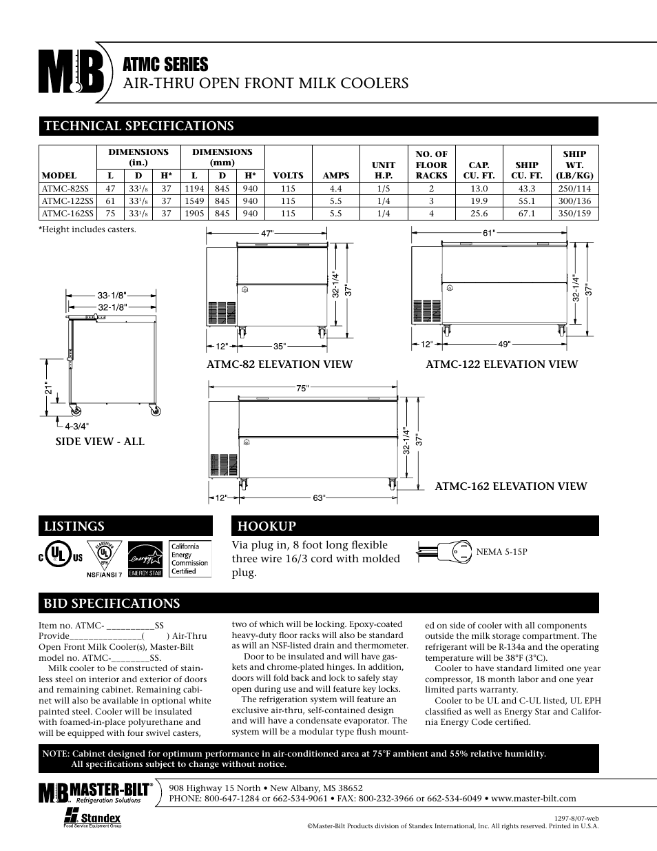 Atmc series, Air-thru open front milk coolers | Master Bilt ATMC-82SS User Manual | Page 2 / 2