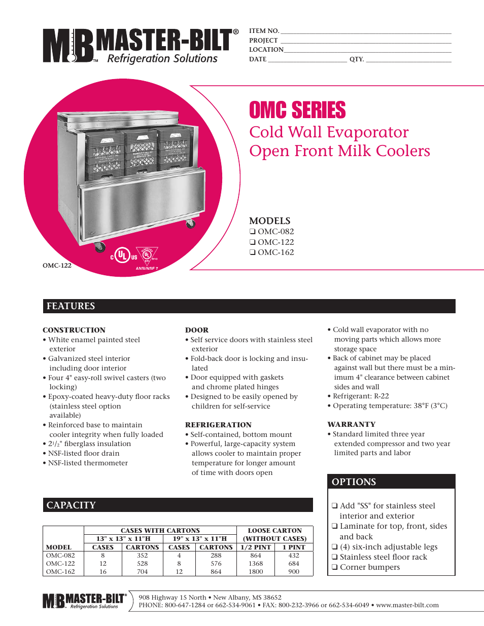 Master Bilt Cold Wall Evaporator Open Front Milk Coolers OMC Series User Manual | 2 pages