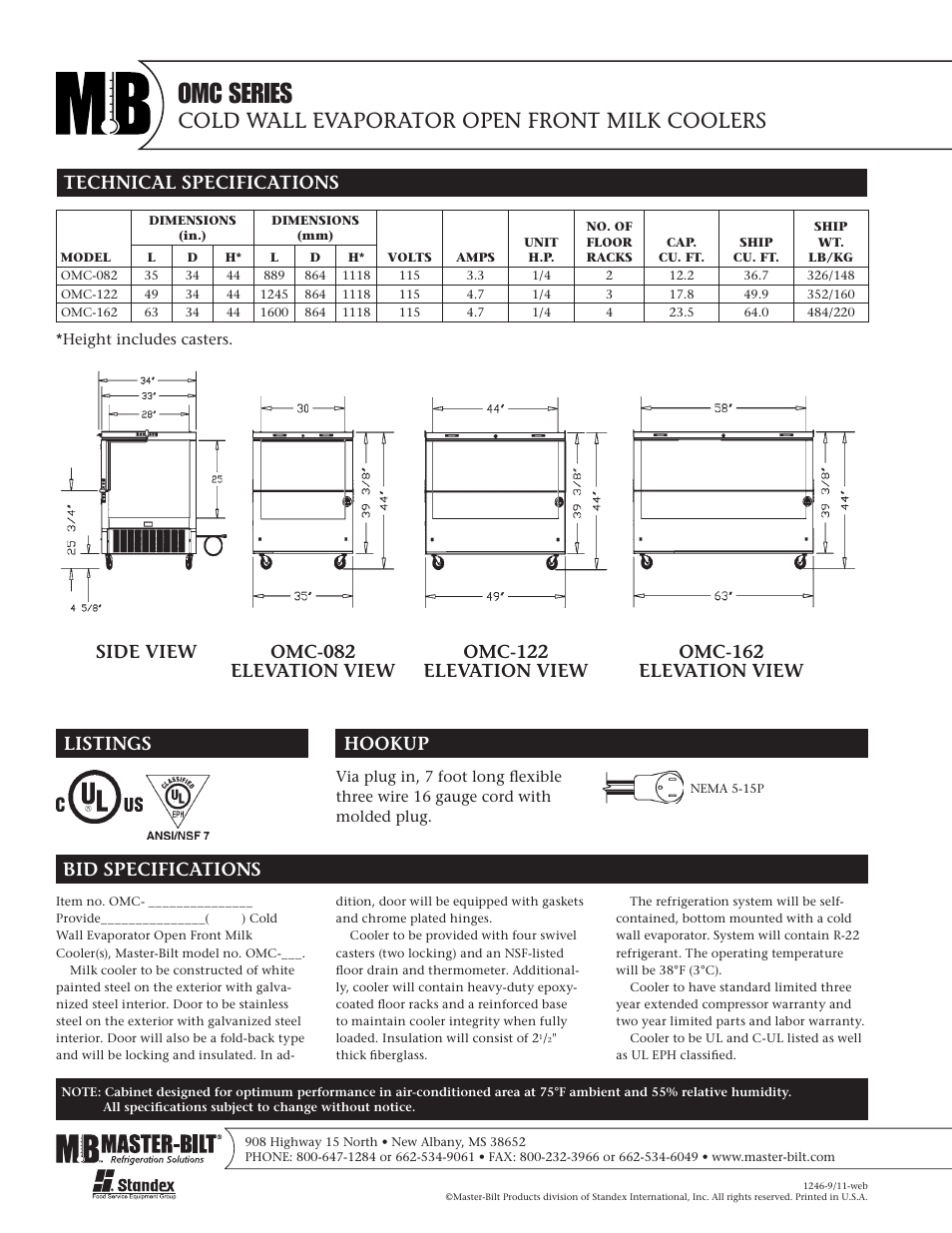 Omc series, Cold wall evaporator open front milk coolers, Side view omc-082 elevation view | Master Bilt Cold Wall Evaporator Open Front Milk Coolers OMC Series User Manual | Page 2 / 2