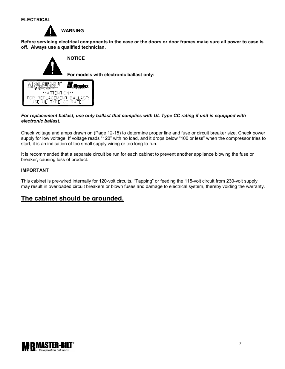 The cabinet should be grounded | Master Bilt LAE Controller 80 User Manual | Page 7 / 17