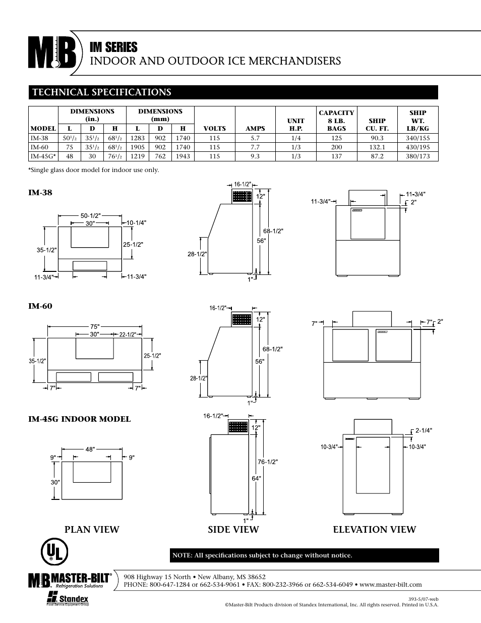 Im series, Indoor and outdoor ice merchandisers, Technical specifications | Plan view side view elevation view | Master Bilt IM-38 User Manual | Page 2 / 2