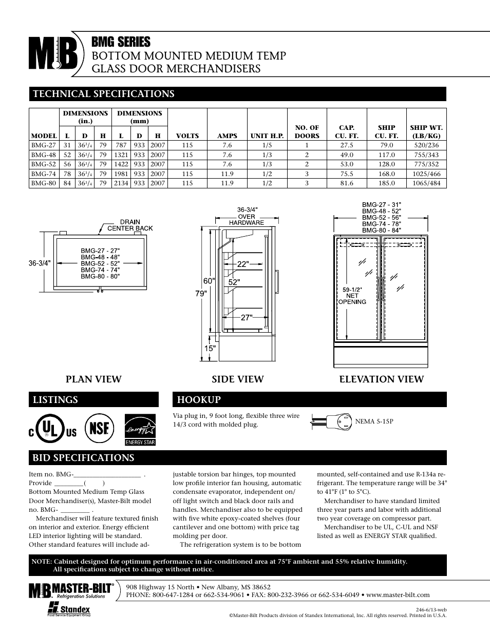 Bmg series, Plan view side view elevation view | Master Bilt BMG-27 User Manual | Page 2 / 2