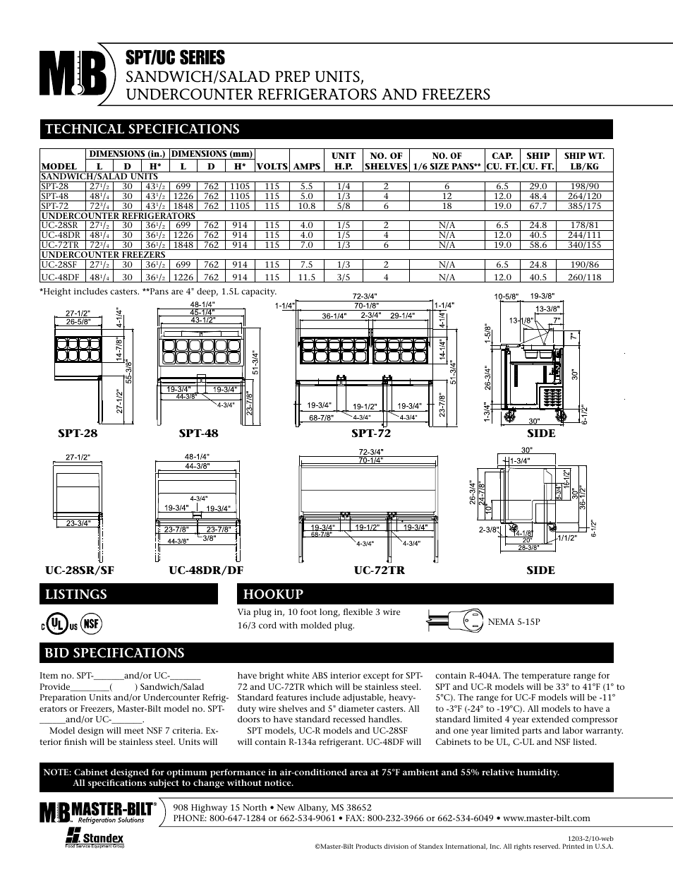 Spt/uc series, Technical specifications, Listings hookup bid specifications | Master Bilt SPT/UC Series User Manual | Page 2 / 2