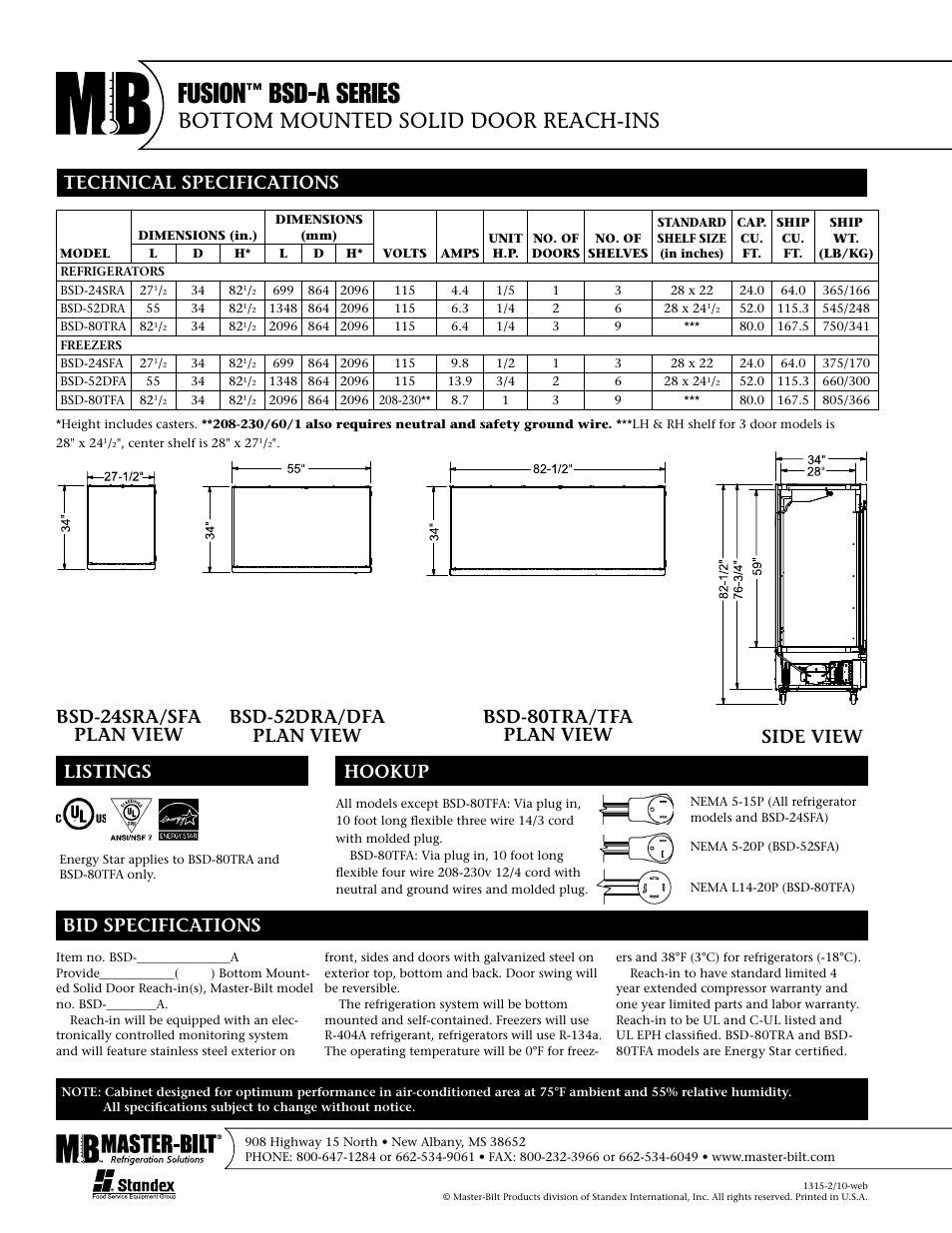 Fusion, Bsd-a series, Bottom mounted solid door reach-ins | Technical specifications, Listings hookup bid specifications | Master Bilt BSD-24SFA User Manual | Page 2 / 2