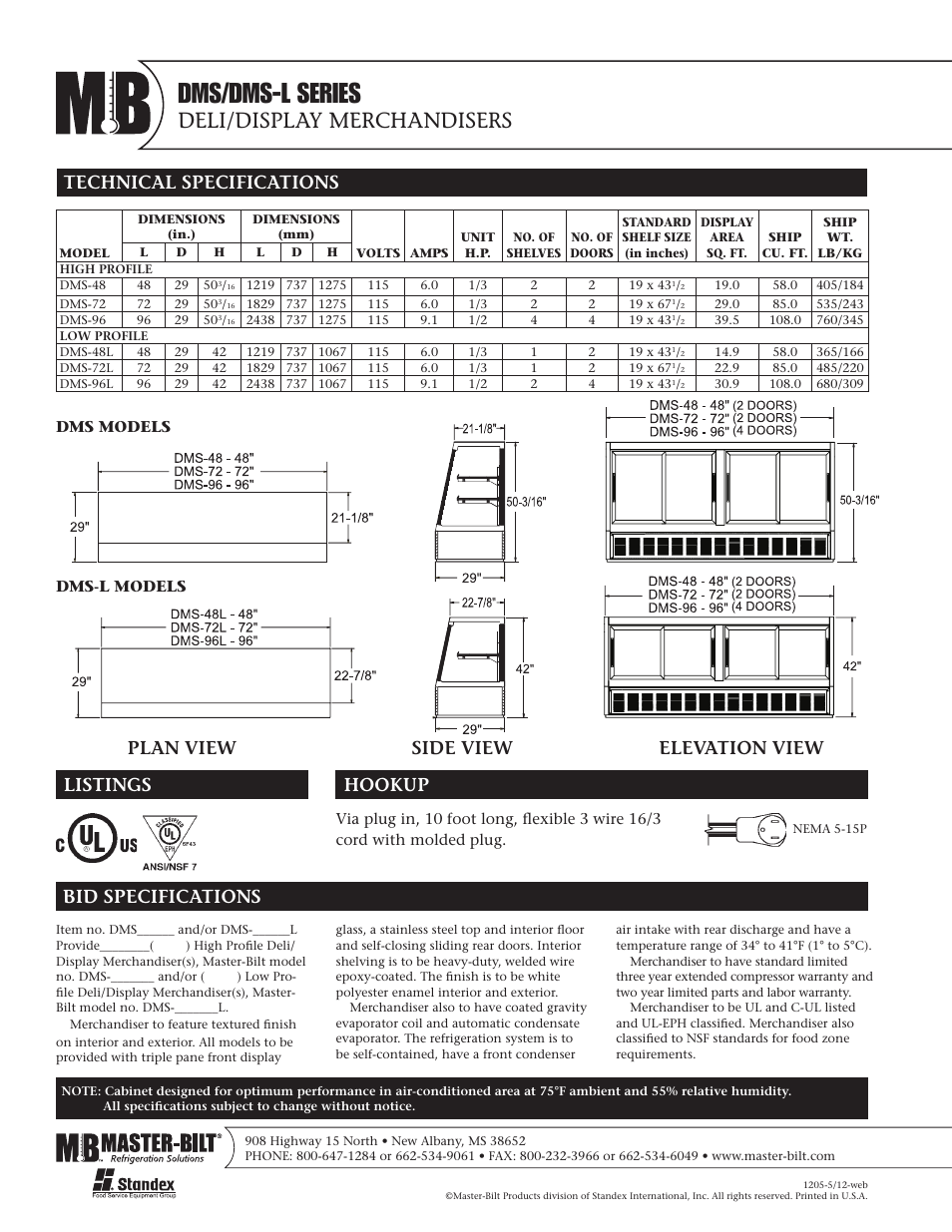 Dms/dms-l series, Deli/display merchandisers, Plan view side view elevation view | Master Bilt DMS-96L User Manual | Page 2 / 2