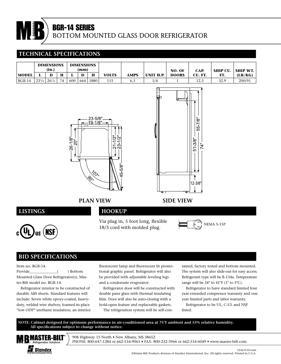 Bgr-14 series, Bottom mounted glass door refrigerator, Plan view side view | Master Bilt BGR-14 User Manual | Page 2 / 2