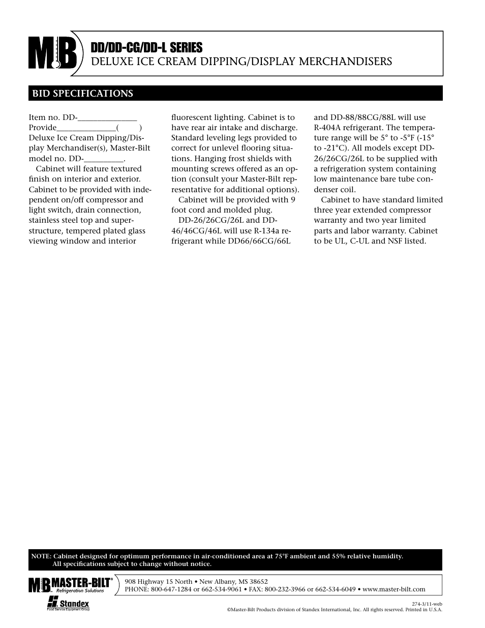 Dd/dd-cg/dd-l series, Deluxe ice cream dipping/display merchandisers | Master Bilt DD-66L User Manual | Page 4 / 4
