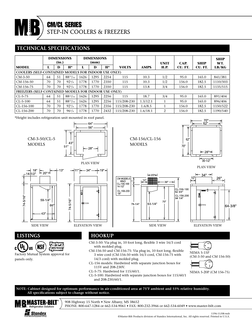 Cm/cl series, Step-in coolers & freezers, Technical specifications listings hookup | Master Bilt CM/CL Series User Manual | Page 2 / 2