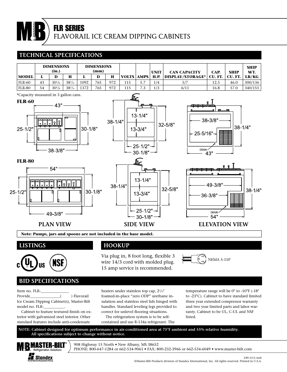 Flr series, Flavorail ice cream dipping cabinets, Plan view side view elevation view | Master Bilt FLR-60 User Manual | Page 2 / 2