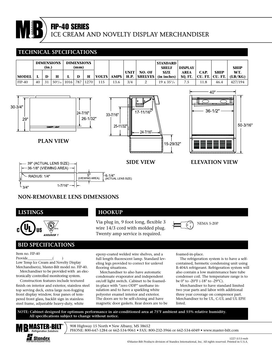 Fip-40 series, Ice cream and novelty display merchandiser, Plan view | Master Bilt FIP-40 SERIES User Manual | Page 2 / 2
