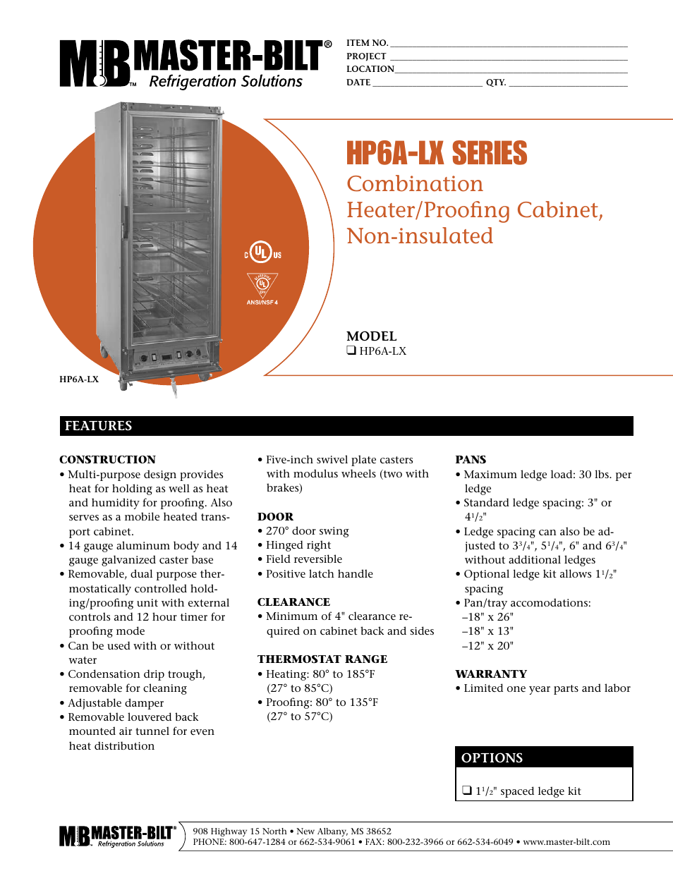 Master Bilt Combination Heater/Proofing Cabinet Non-insulated HP6A-LX Series User Manual | 2 pages